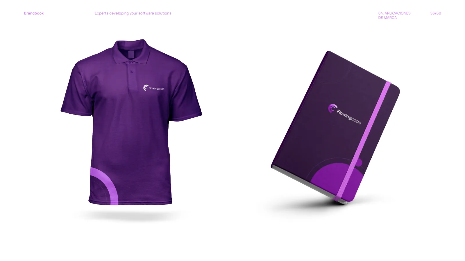 Indumentaria corporativa y cuaderno con la identidad de Flowingcode