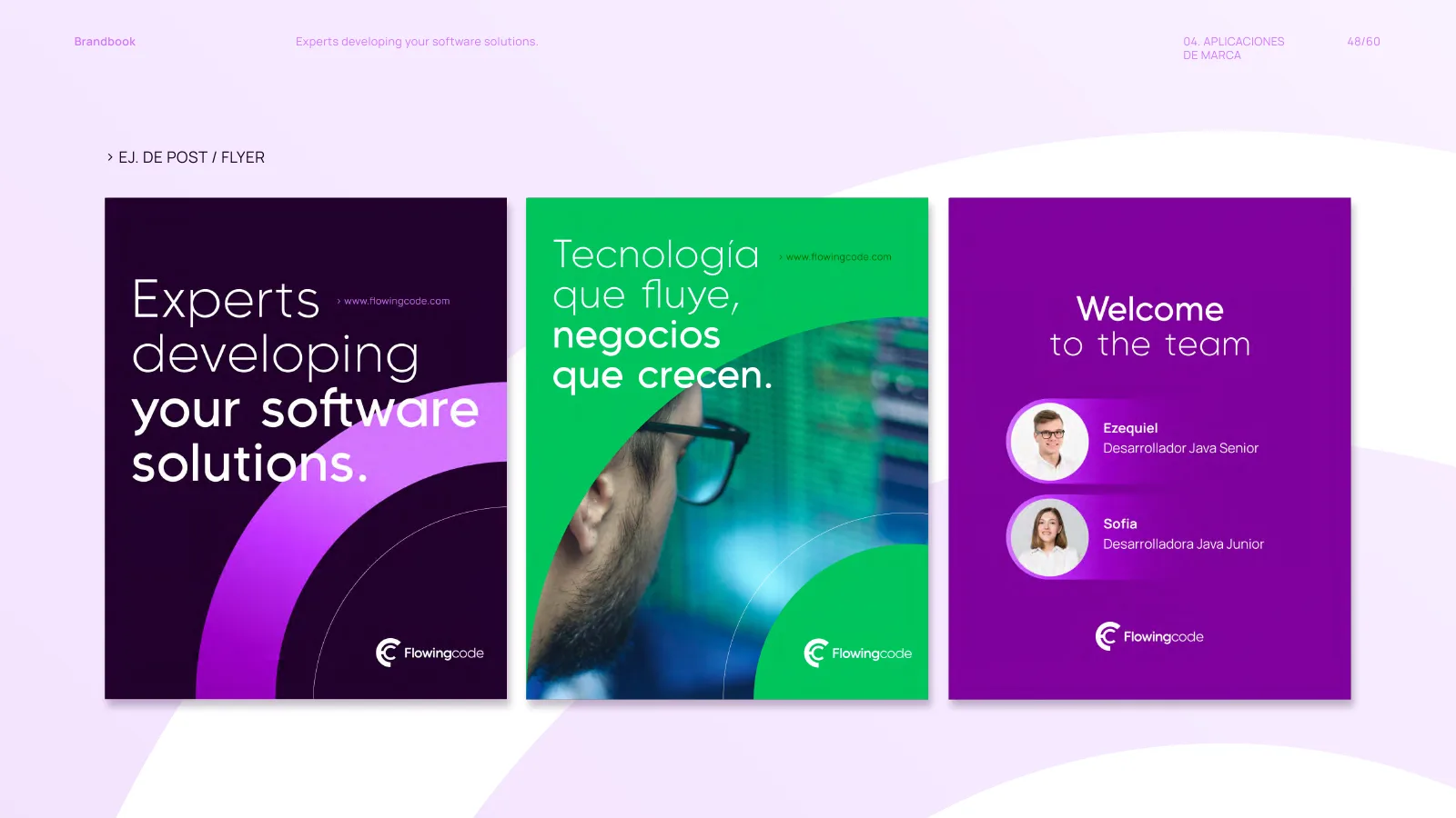 Piezas de redes sociales de Flowingcode — flyers en formato historia con el sistema visual