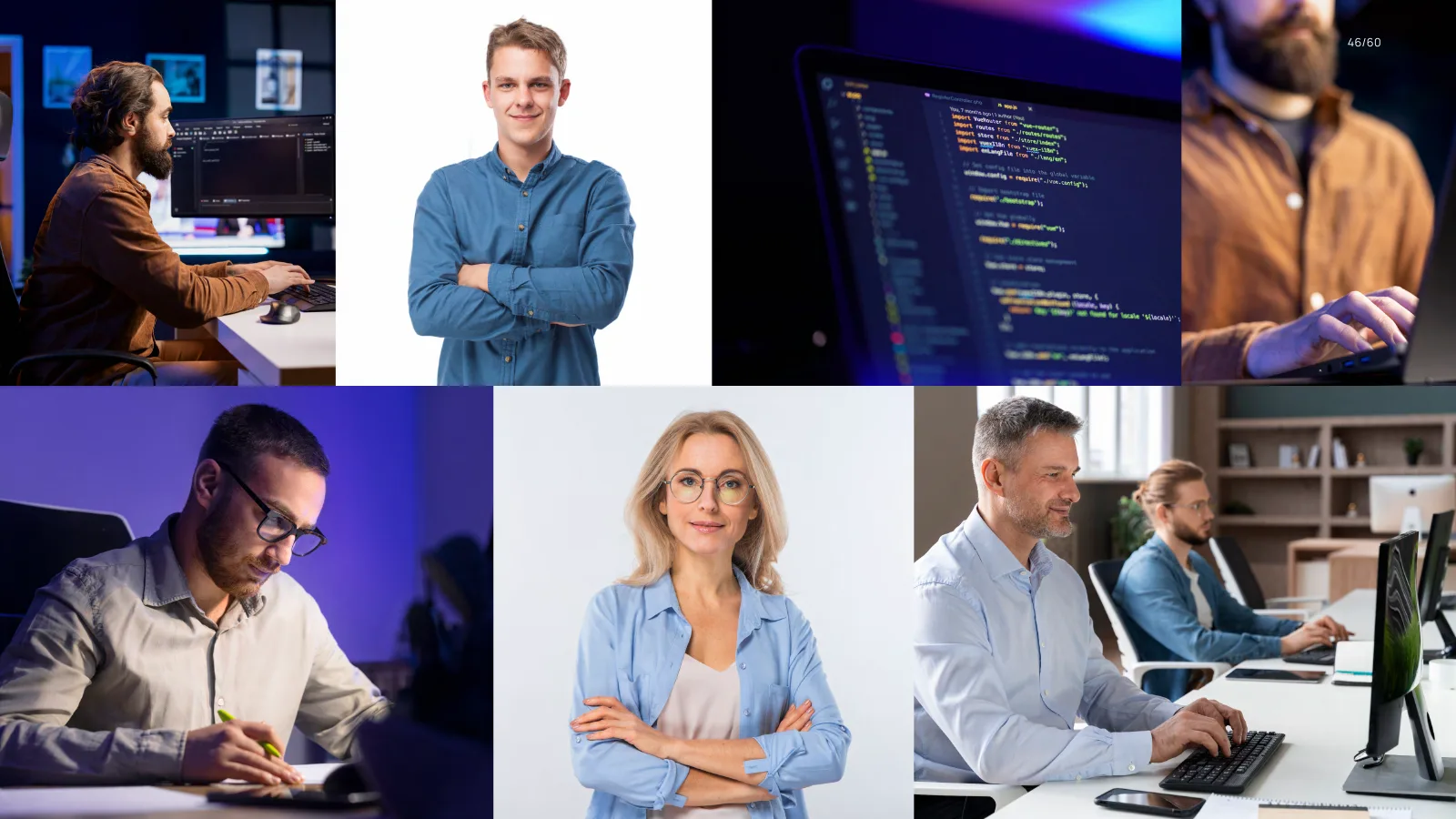 Dirección fotográfica — developers y equipo técnico en entornos profesionales