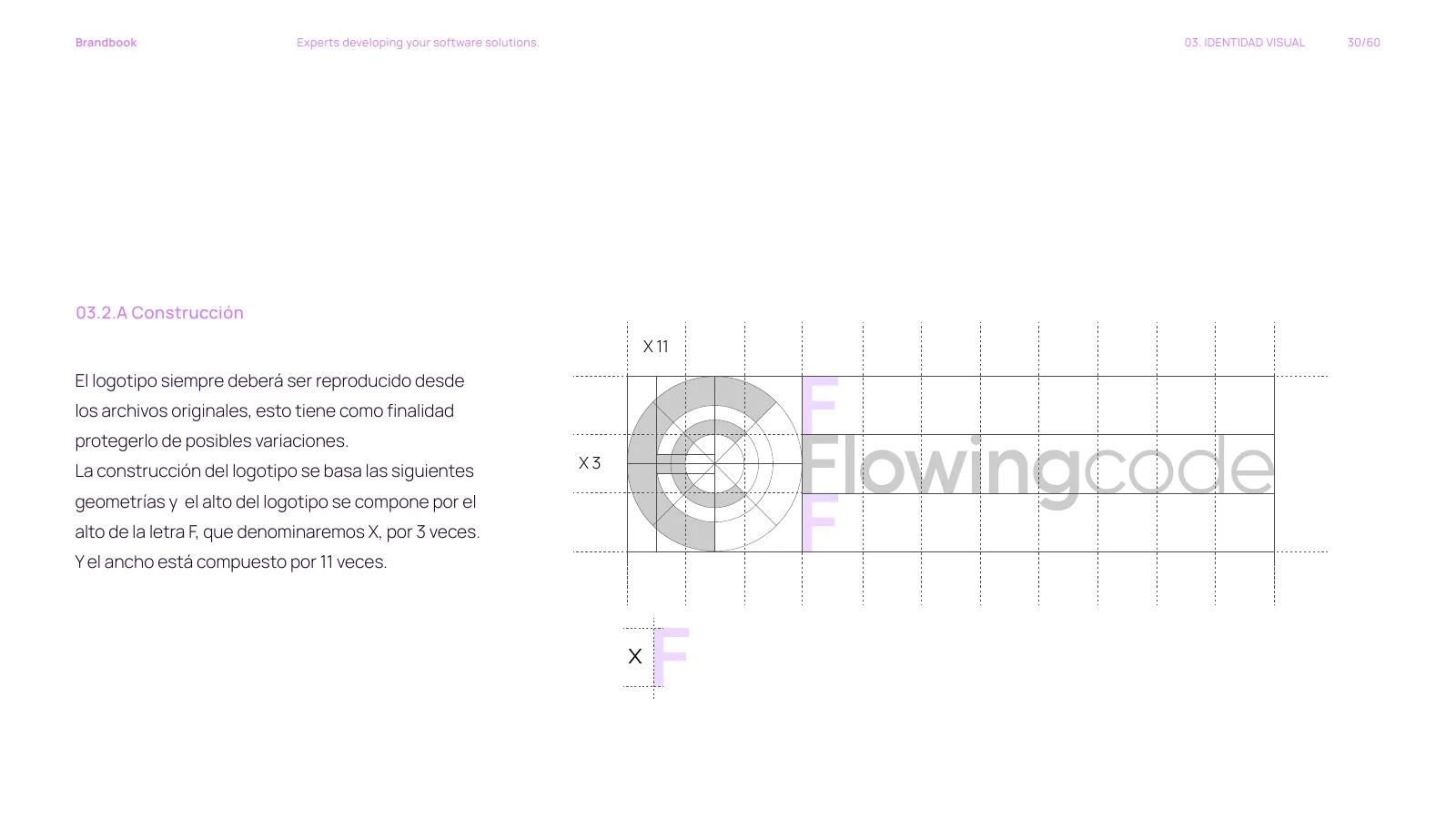 Construcción del logotipo con grilla modular basada en la altura de la letra F