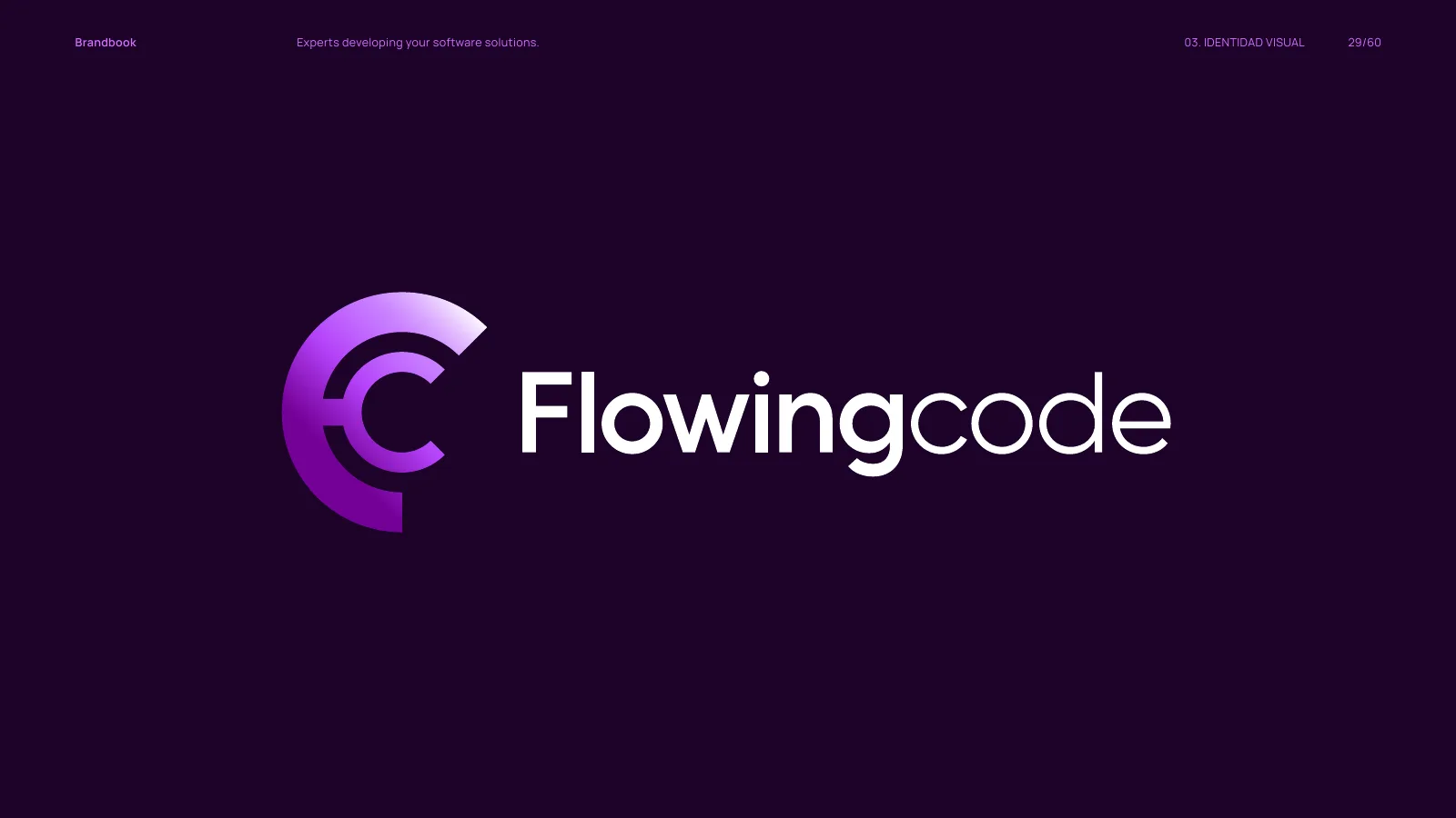Logotipo principal de Flowingcode en violeta sobre fondo oscuro
