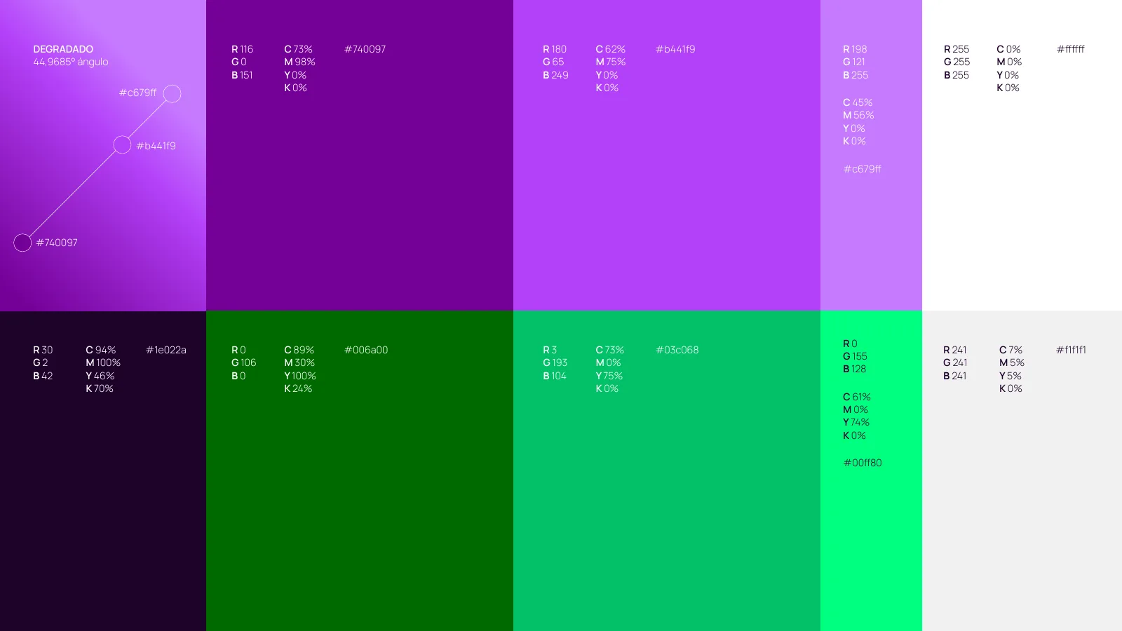 Paleta cromática de Flowingcode con degradé violeta y acentos verdes