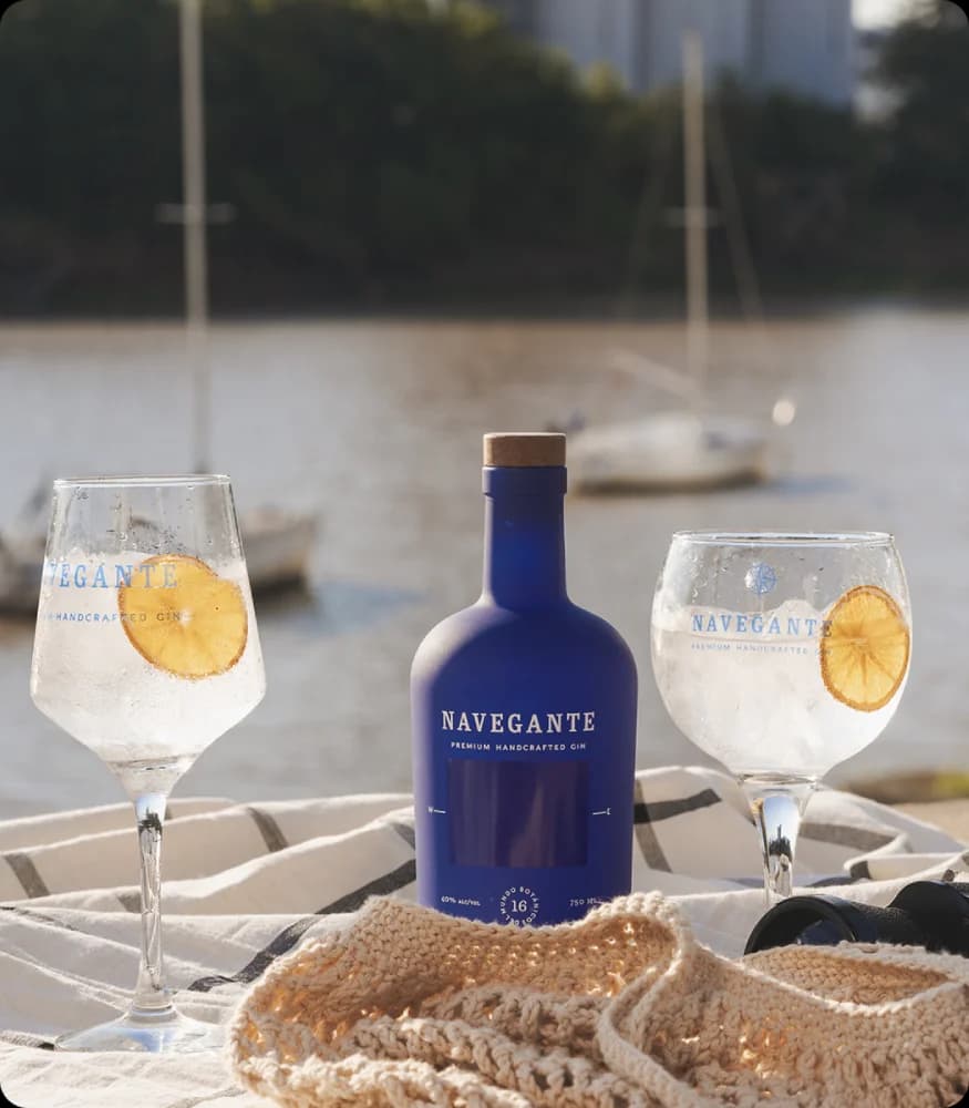 Composición de gin y atrezzo botánico